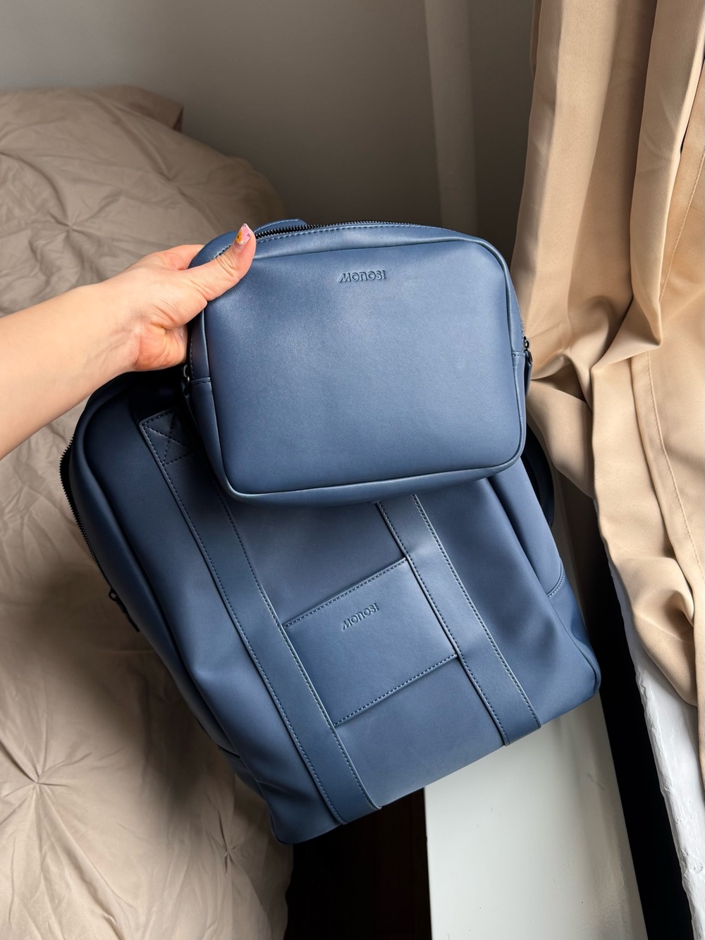 Compact Slate Blue Men’s Backpack with Detachable Pouch